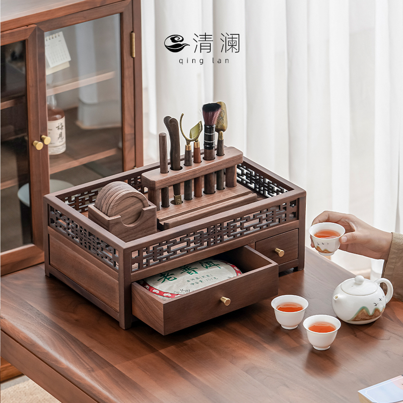 北美胡桃木茶具茶饼盒功夫茶道置物架小桌边柜茶杯茶壶茶具架