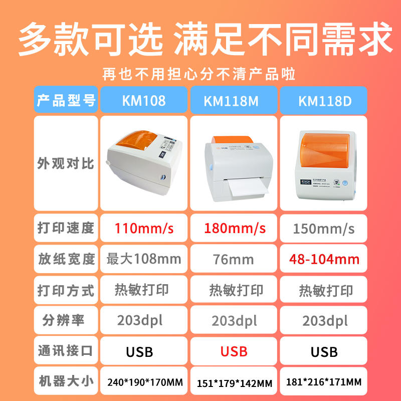 快麦KM118 C D M快递面单热敏电子物流标签机76x110条码打印机
