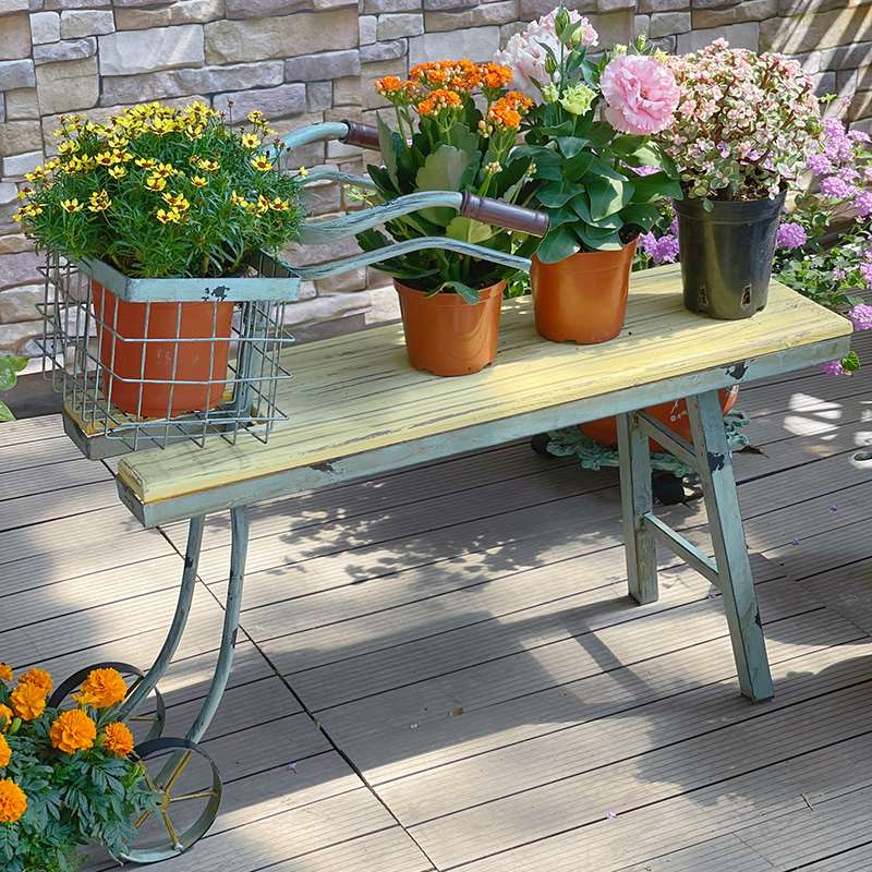 法式乡村个性创意做旧铁艺木质自行车花架 置物展示花园装饰杂货