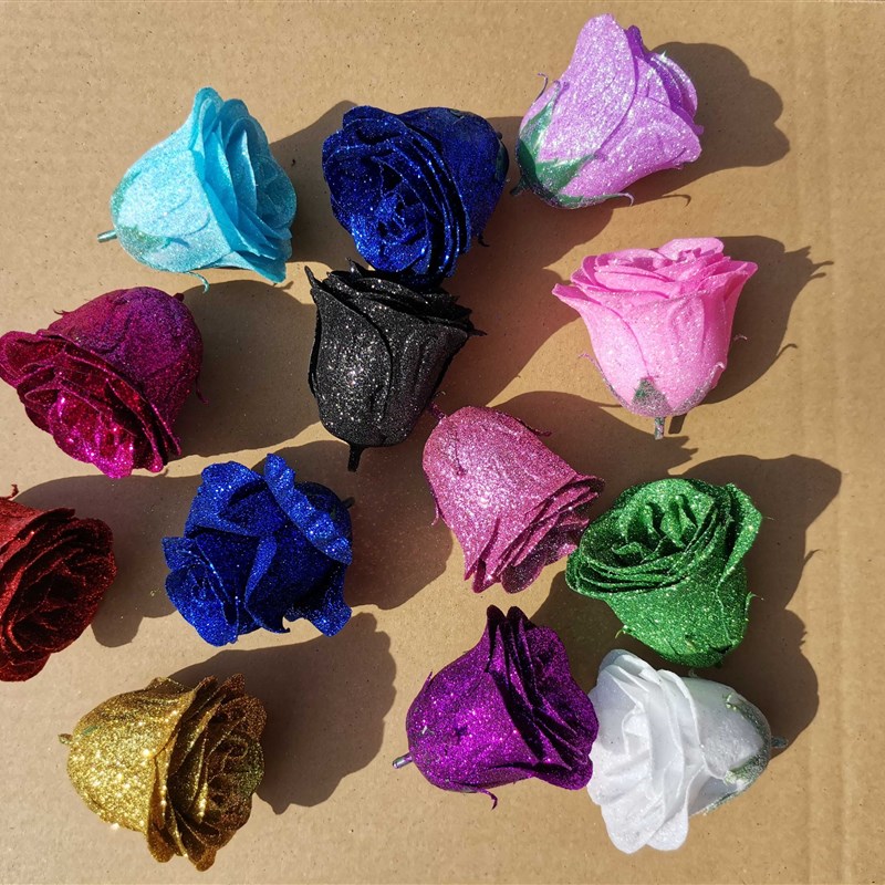 水晶金粉玫瑰花头蓝色妖姬仿真玫瑰花永生花七夕香皂花束包装材料