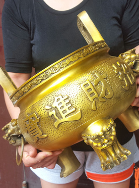 极速铜香炉圆鼎三足炉中式摆件聚宝盆黄铜空心狮头炉家居祠堂供奉