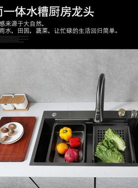 极速枪灰色手工飞雨瀑布不锈钢水槽纳米防刮厨房洗碗洗菜池台上中