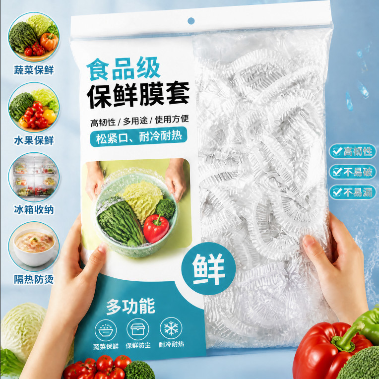 家用一次性食品级保鲜膜套PE松紧口家用多功能蔬菜水果保鲜膜套图片