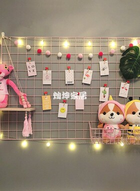 粉色木托片照片架少女心房间布置卧室墙面装饰品铁丝网格置物架子