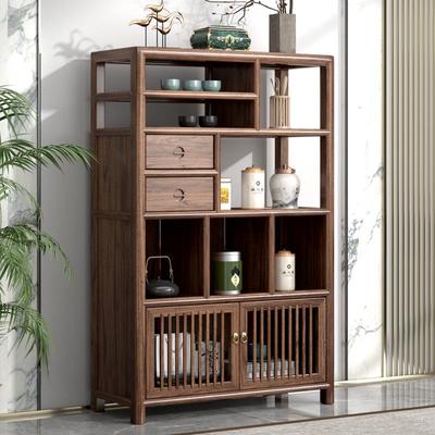 老榆木实木博古架茶室茶叶茶具架多宝阁胡桃新中式餐柜收纳柜
