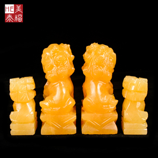 墓地石狮子一对米黄玉石材雕塑石像摆设守陵寄存随葬用品清明祭祀