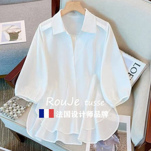 衬衣潮 法国Rouje tusse白色polo领衬衫 女短袖 宽松显瘦百搭五分袖