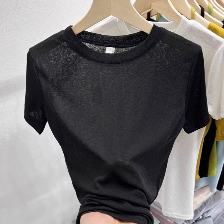 黑色圆领短袖T恤女装2025夏季新款简约宽松微透冰丝面膜体恤上衣