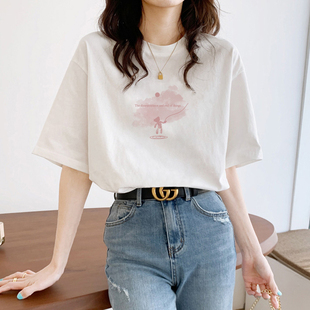 ins体恤潮 韩国女装 2025年新款 潮女士宽松纯棉白色t恤女夏短袖 韩版