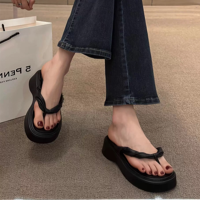 真皮高跟人字拖女2024新款夏外穿高级感夹趾拖鞋时尚厚底沙滩凉鞋