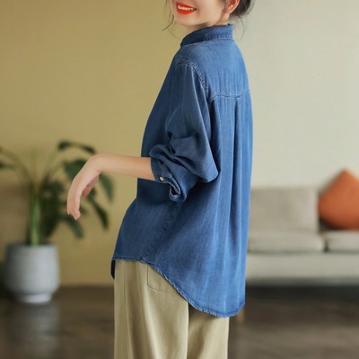 深蓝色天丝牛仔衬衫女春夏新款薄款休闲中长上衣柔软宽松显瘦衬衣