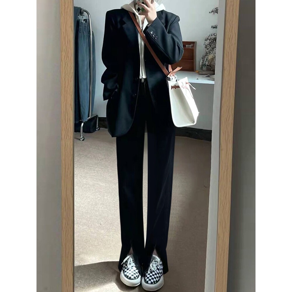 韩国前开叉窄版阔腿裤女小个子春夏直筒裤黑色高腰垂感微喇西装裤