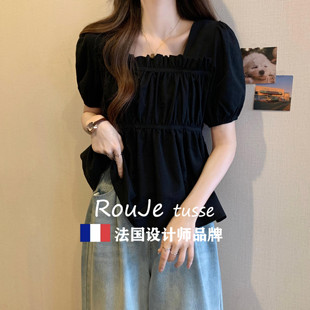 洋气甜美衬衣 法国Rouje tusse方领正肩泡泡袖 收腰娃娃衫 上衣法式