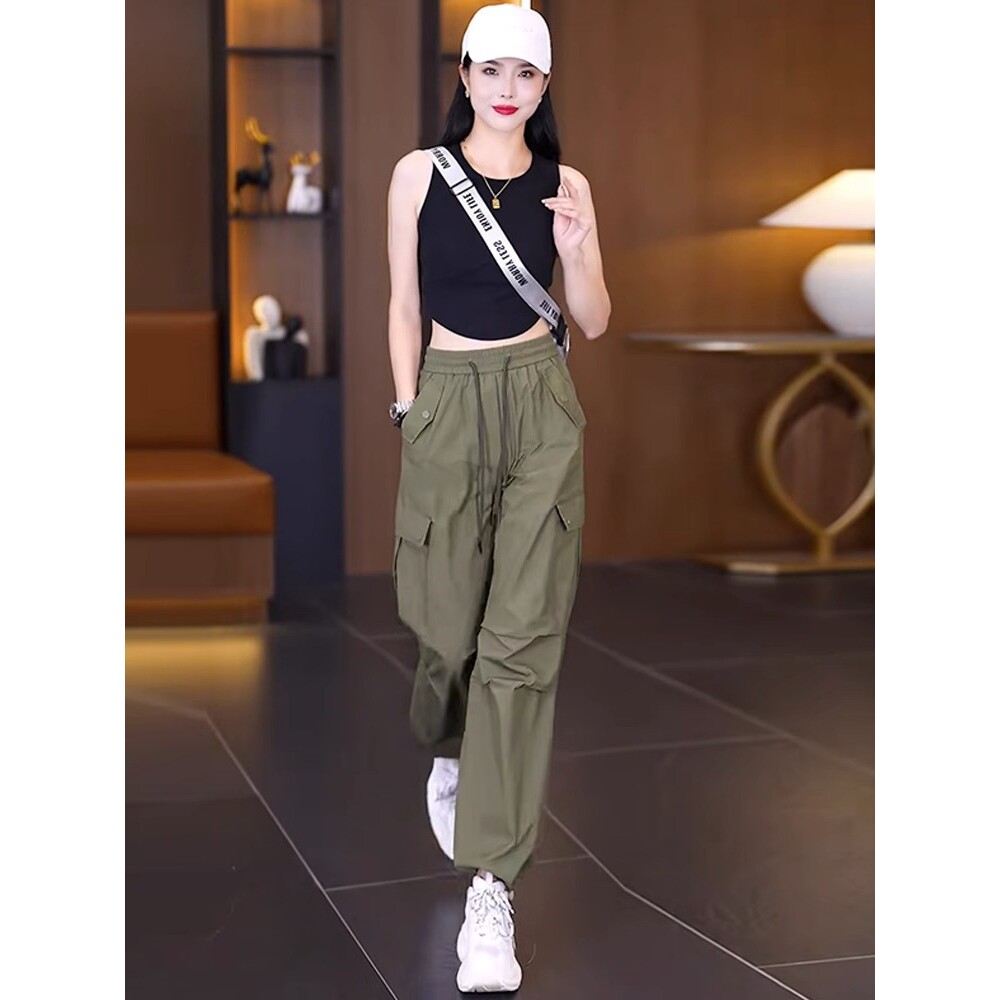 美式军绿色工装裤女夏季薄款松紧高腰宽松束脚运动裤直筒阔腿裤子