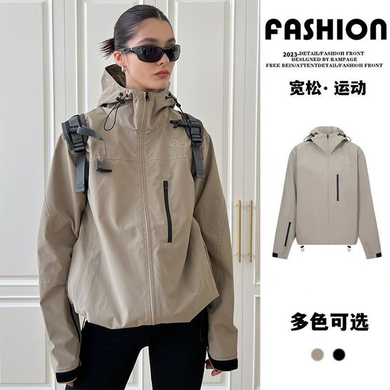 美式连帽运动服女春季复古宽松户外爬山休闲百搭轻薄夹克上衣外套