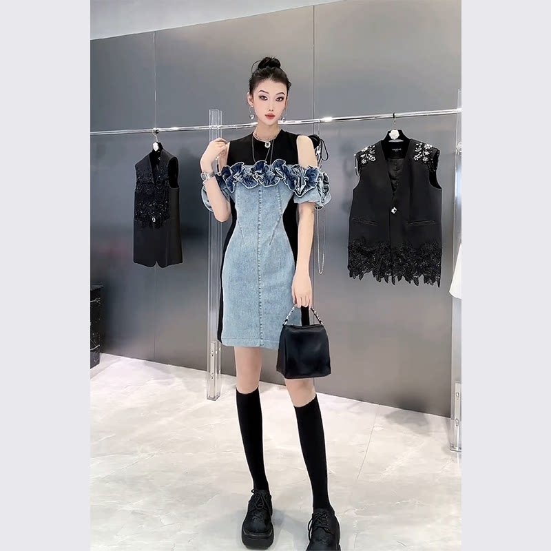 气质名媛高端女神范高级感牛仔拼接无袖连衣裙子2024夏季新款女装