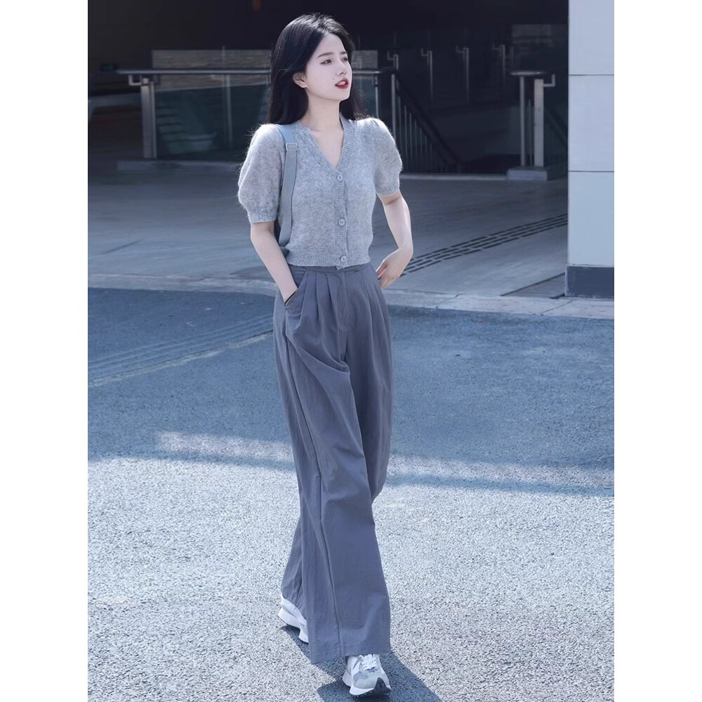 FAshi 时尚休闲减龄穿搭小个子短款针织开衫阔腿裤两件套装夏新款