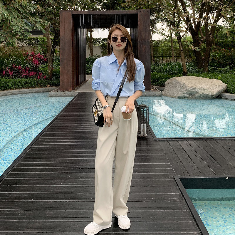 韩国显瘦垂感杏色气质西装裤女春夏拖地职业装工作米色长裤阔腿裤