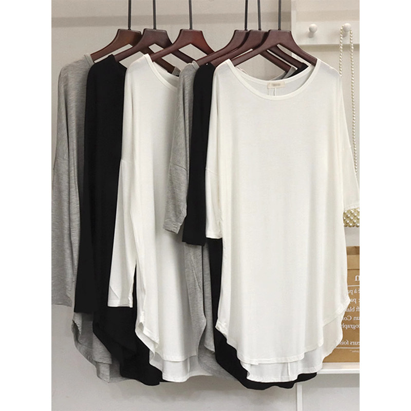 白色冰丝针织短袖T恤女夏季薄款韩版宽松中长款防晒面膜罩衫上衣