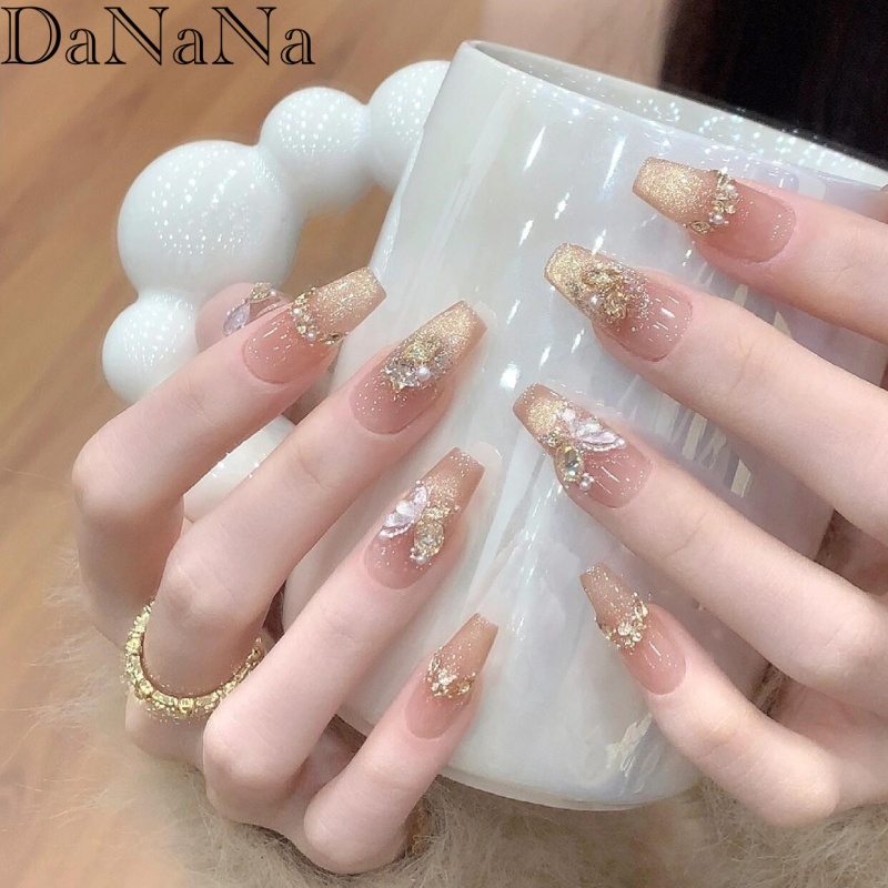 DANANA高端穿戴美甲纯手工定制爆闪金棕蝴蝶美甲奢华孕妇可拆卸甲