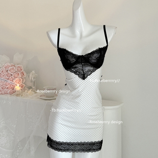 Roseberrrry同款vs 性感修身短款波点吊带睡裙莫代尔拼接气质睡衣