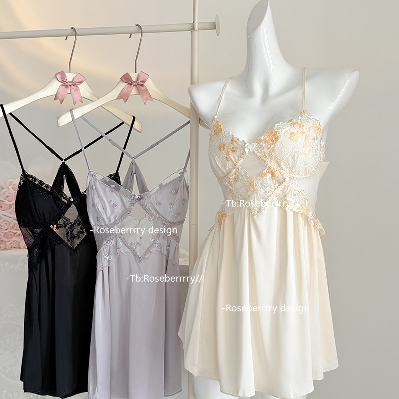 Roseberrrry月下花信 法式蕾丝纯欲吊带睡裙带胸垫性感睡衣套装,女士内衣/男士内衣/家居服,睡裙,淘宝优惠券,粉丝福利购,淘宝优惠卷