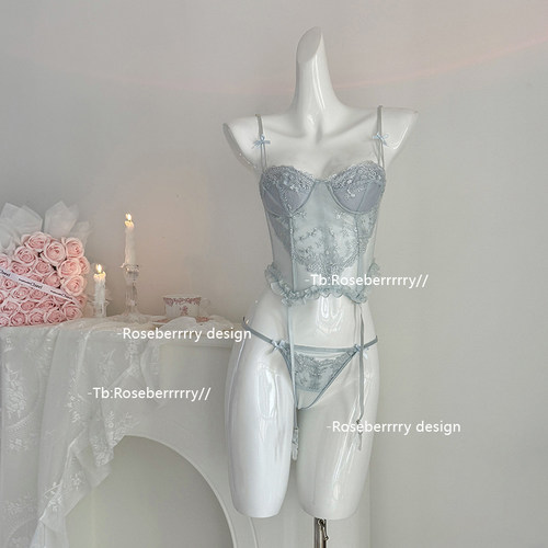 Roseberrrry梨与苍兰 法式纯欲性感鱼骨束腰蕾丝刺绣钢圈内裤套装