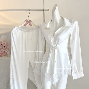 睡衣女套装 Roseberrrry法式 长袖 纯欲性感蕾丝衬衫 性感家居服 温柔