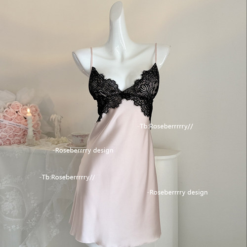 蕾丝撞色吊带睡裙冰丝睡衣