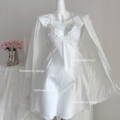 Roseberrrry白月光 性感蕾丝v领吊带裙带胸垫缎面舒适睡裙带外袍