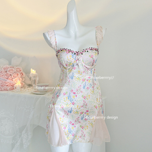 Roseberrrry春日花蔓 纯欲冰丝碎花吊带睡裙性感蕾丝睡衣带胸垫女