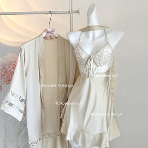 Roseberrrry甜梨春菊 法式纯欲甜美V领吊带睡裙性感蕾丝睡衣套装