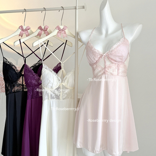 Roseberrrry娇心奶酥 纯欲蕾丝甜美吊带睡裙带胸垫性感睡衣套装