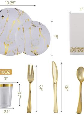 175PCS套装新款圆形硬塑料PS西餐白底金色盘刀叉勺酒杯烫金晚餐碟