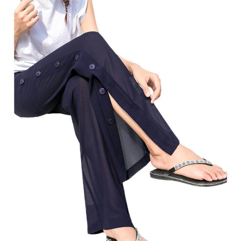 冰丝阔腿裤女夏季薄款高腰垂感拖地裤显瘦雪纺宽松直筒开叉防蚊裤