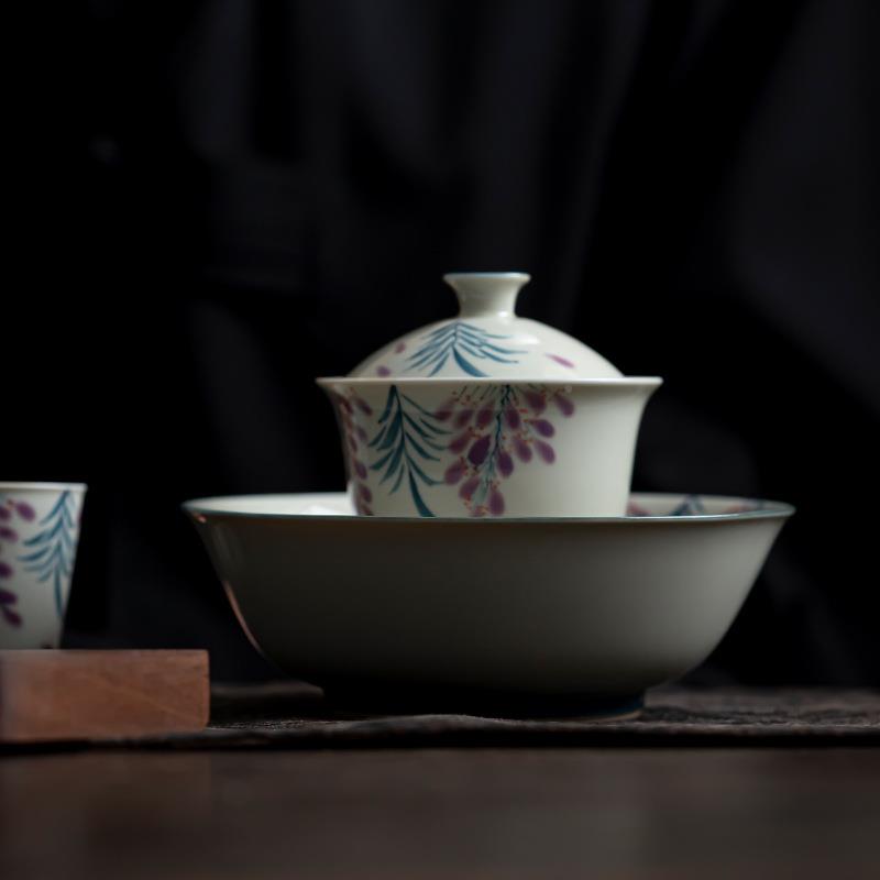 纯手绘壶承紫藤花茶用托果盘家件陶功ztyrhc夫茶具茶道配干瓷泡盘