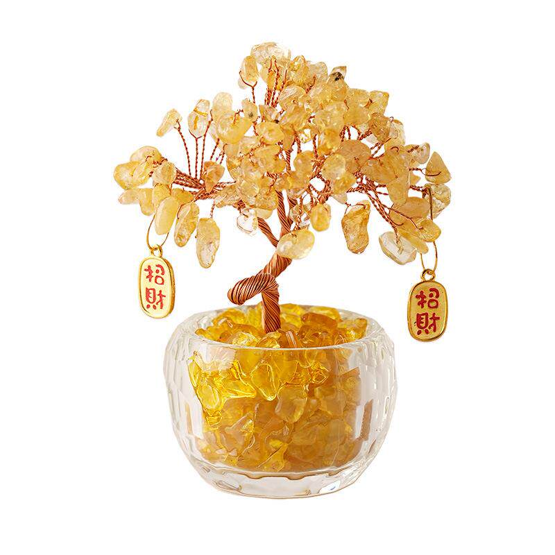 创意黄水晶发财树招财摆件办公室工位情绪稳定新居装饰品乔迁礼物