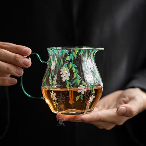 圭隐堂纯手绘f耐热玻璃公道杯加厚带把泡绿茶公杯匀茶杯分茶器茶