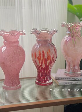 中古法式高级感玻璃花器插鲜花客厅C复古轻奢摆件芬顿ins琉璃花瓶