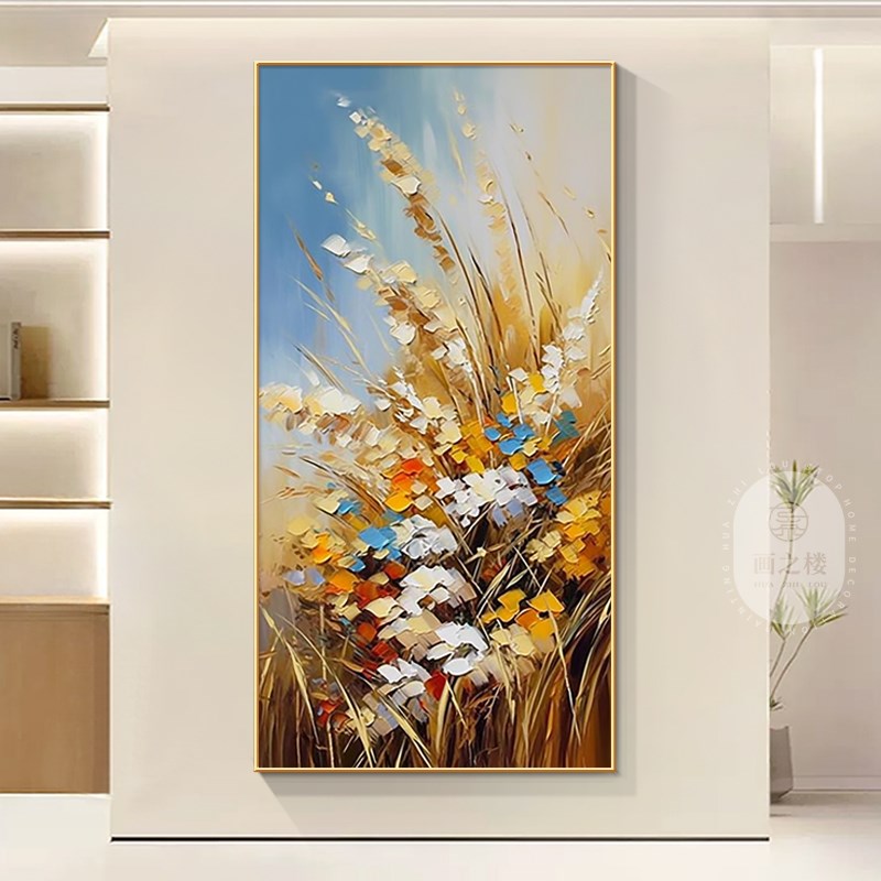 《黄金麦b穗》纯手绘油画抽象肌理感玄关装饰画入户正对门艺术挂
