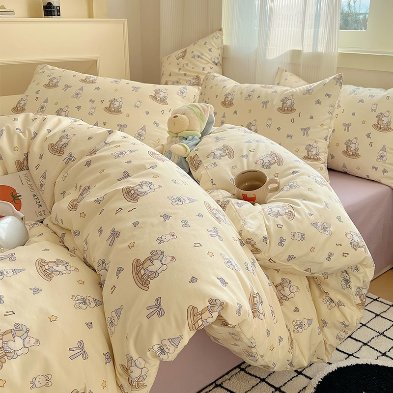 ins奶油风卡通纯l棉四件套少女心全棉被套学生床上三件套1.5m床单