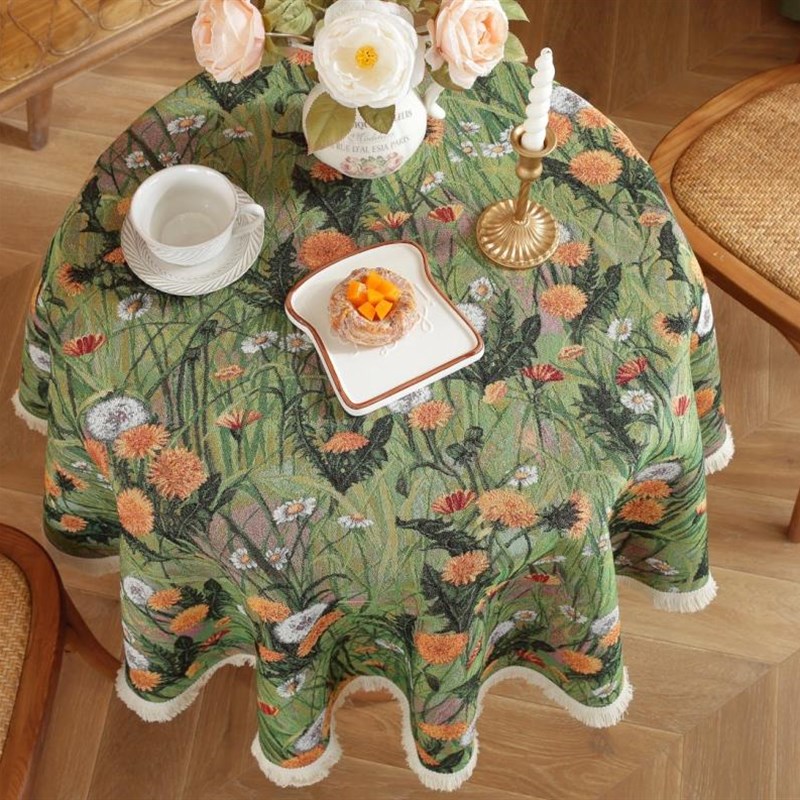 复古绿色花朵餐桌布艺田园ins油画风G圆形长方形茶几棉麻装饰盖布图片