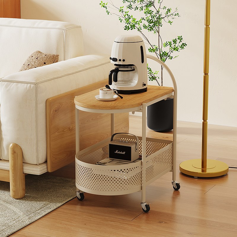 带轮可移动沙发边几客厅小茶几卧室奶油原木风床头铁艺简易小推车