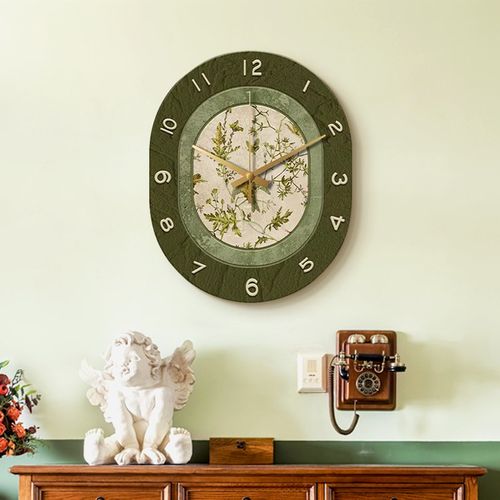 时光法式复古钟表挂钟客厅装饰画中古风绿色时钟挂墙挂画