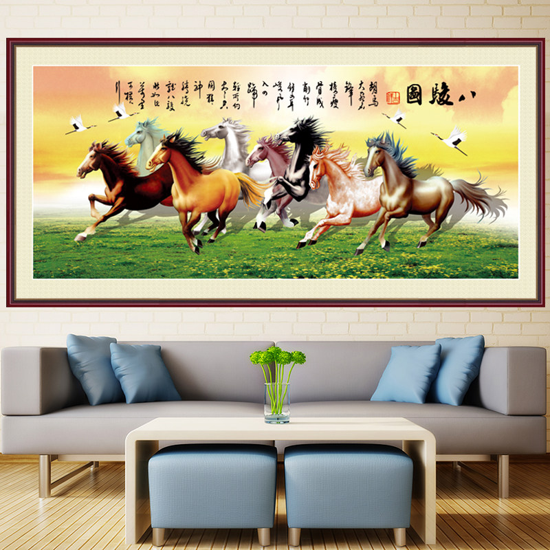 八骏图壁画中式山水自粘油画布墙纸沙发背景马到成功客厅装饰画