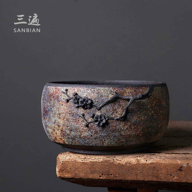 纯手工岩矿茶洗缸 复古粗陶大号茶盂水盂笔洗茶渣缸建水茶具