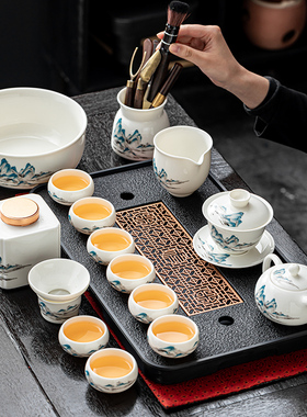 秦艺新款羊脂玉白瓷功夫茶具家用高档茶壶陶瓷盖碗茶杯装礼盒装