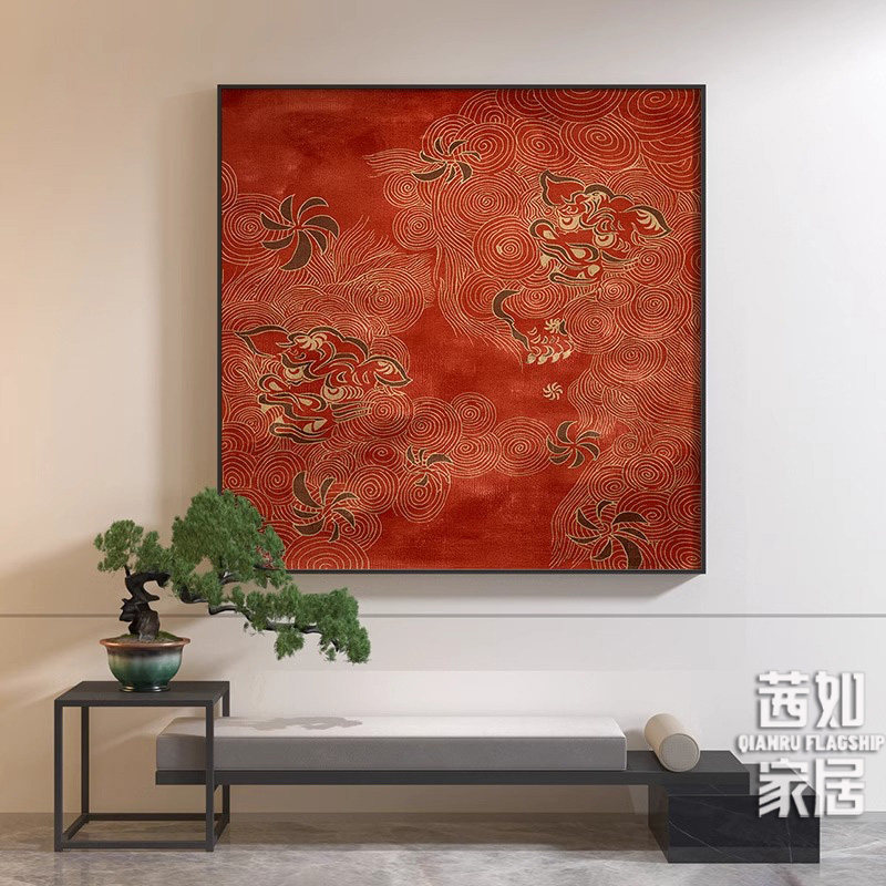 新中式红色抽象麒麟图腾壁画玄关客厅装饰画背景墙高级感轻奢挂画