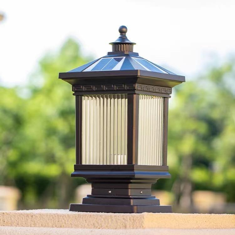 中式复古户外玻璃庭院柱头灯防水室外太阳能门柱灯别墅小区大门灯