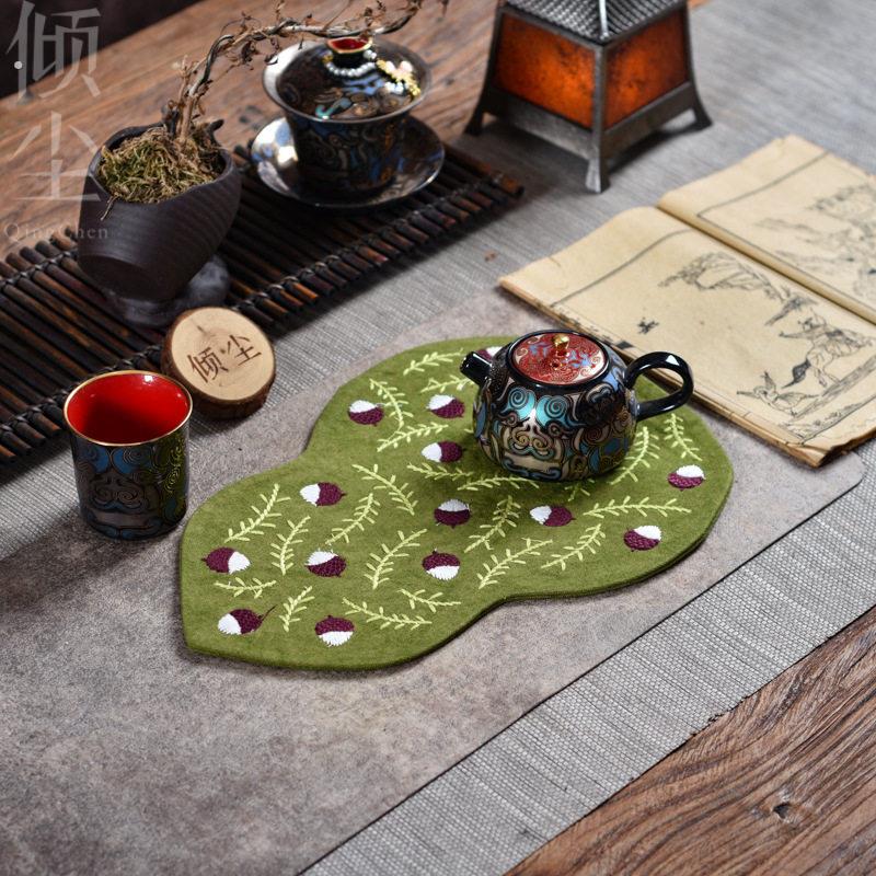 绿水葫芦茶垫 双层加厚干泡席 壶承垫刺绣隔热小号茶席茶杯垫子